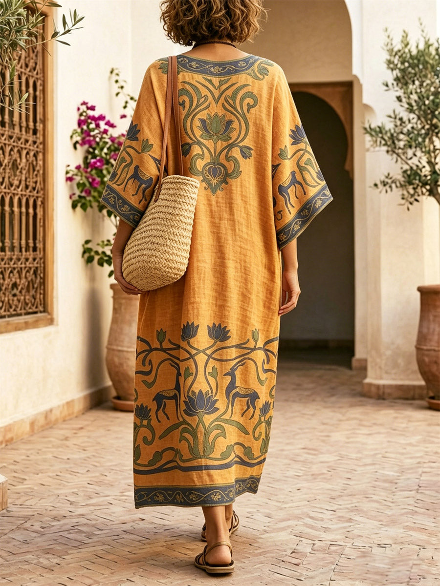 Women's Floral Art Print Casual Stylish V-collar Short Sleeve Cotton Linen Maxi Dress