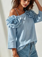 Elegant Blue Floral Off-shoulder Cotton-linen Shirt