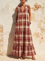 Women's Plaid Pattern Art Ruffled Casual Stylish Cotton Linen Maxi Dress