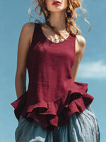 Women's Ruffle Hem Art Casual Stylish Sleeveless Cotton Linen Shirt