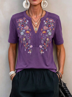 Short-sleeve Cotton Top With Colorful Floral Embroidery, Lace Trim, And A Small Open V-neck