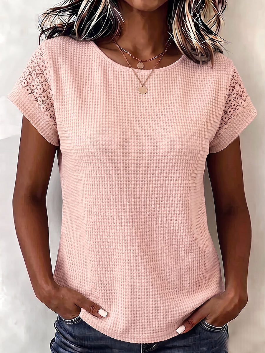 Cozy Waffle Knit Lace Patchwork Top