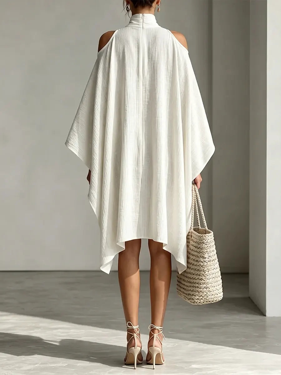 Elegant White Cold Shoulder Cape Linen Mini Dress