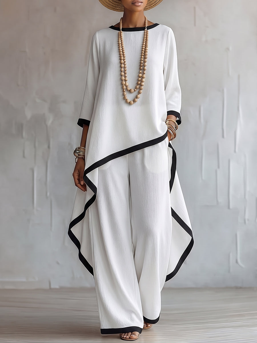 Stylish Cotton-linen Two-piece Set With Elegant Color-contrast Trim