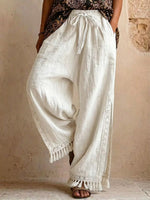 Women's Tassel Side Slit Loose-fit Casual Cotton And Linen Vacation Bohemian-style Wide-leg Pants