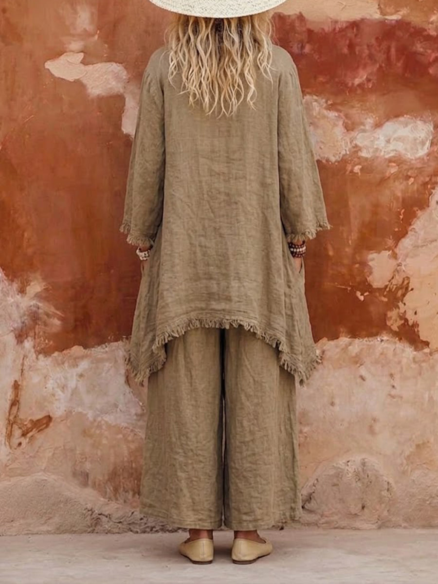 Vintage-style Casual Bohemian Linen-cotton Cardigan And Trousers Two-piece Set