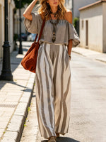 Women's Off-the-shoulder Art Comfortable Casual Top And Striped Pants Cotton Linen Two-piece Set