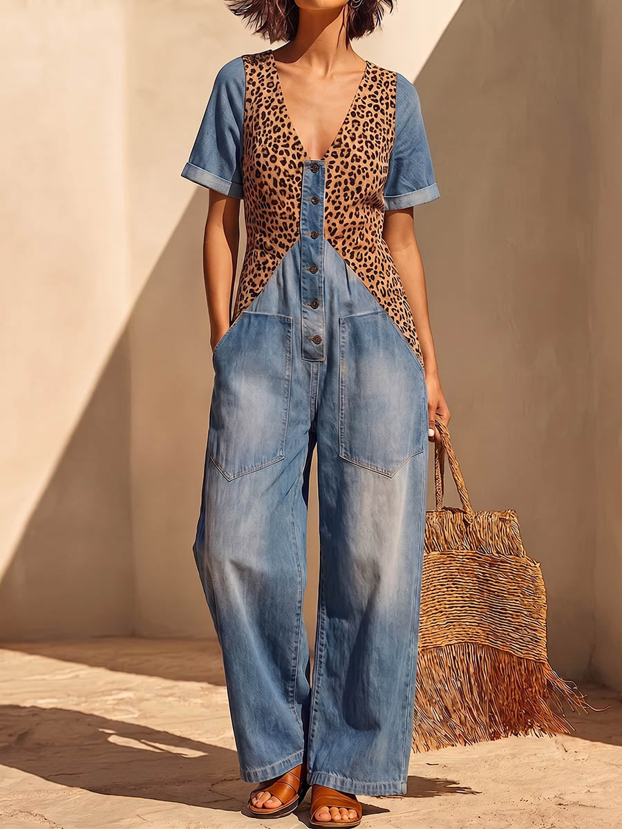 Women's V-neck Short-sleeve Casual Loose-fit Leopard Print Panel Denim Wide-leg Jumpsuit