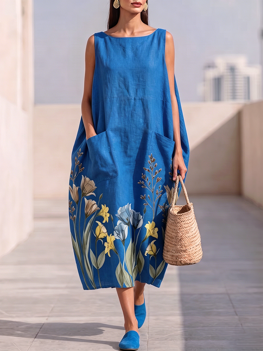 Stylish Cut Elegant Boat-neck Floral Print Dress