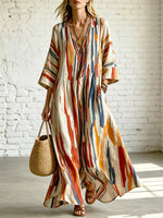 Women's Abstract Striped Art Casual Stylish V-collar 3/4 Sleeve Cotton Linen Maxi Dress
