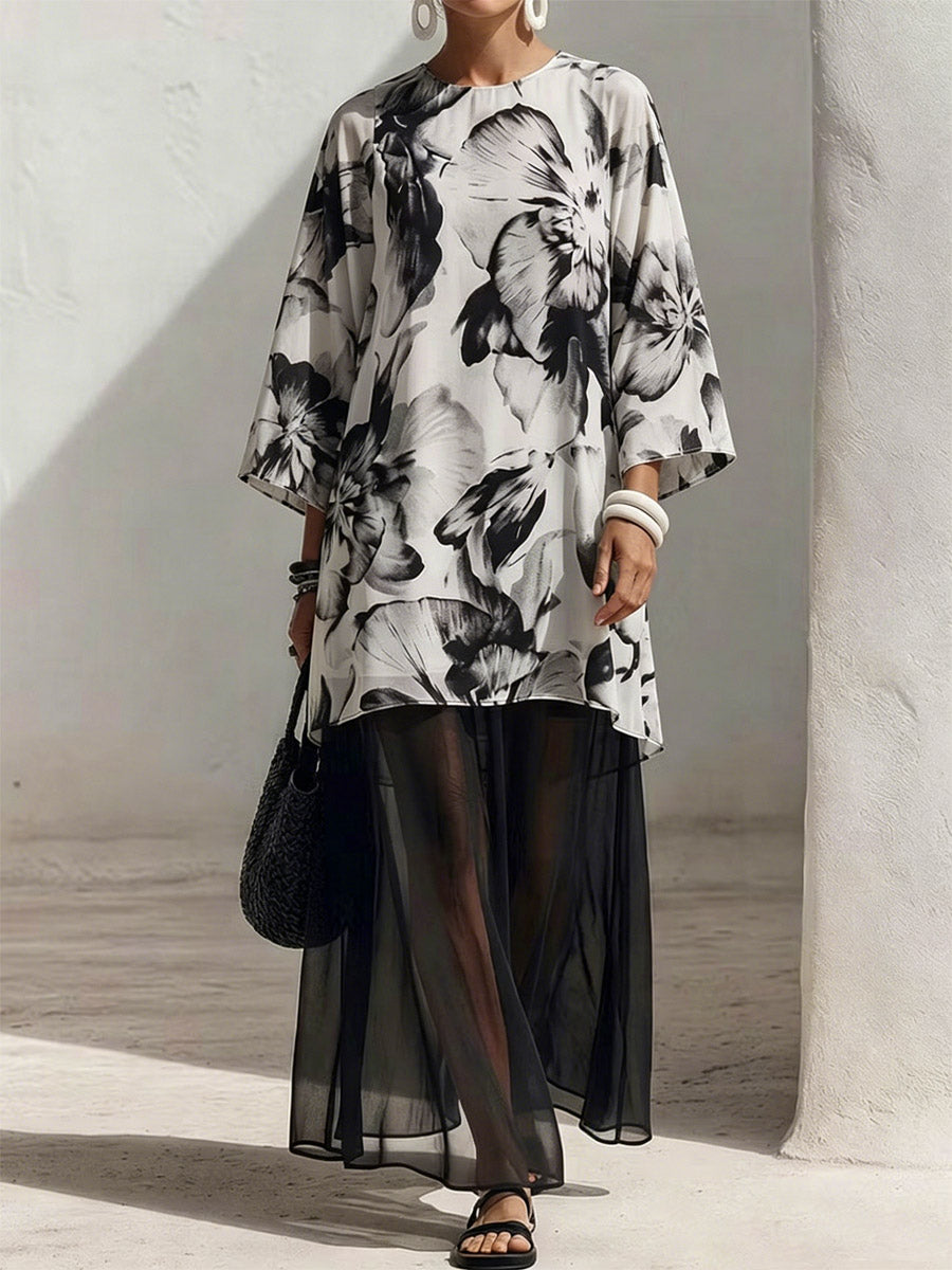 Women's Floral Art Print Casual Patchwork Stylish 3/4 Sleeve Maxi Dress