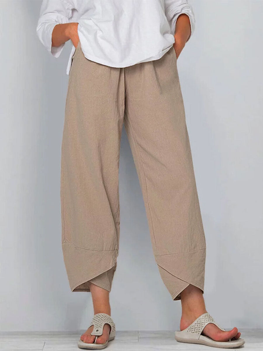Women's Solid Color Stylish Loose-fit Casual Cropped Cotton And Linen Pants