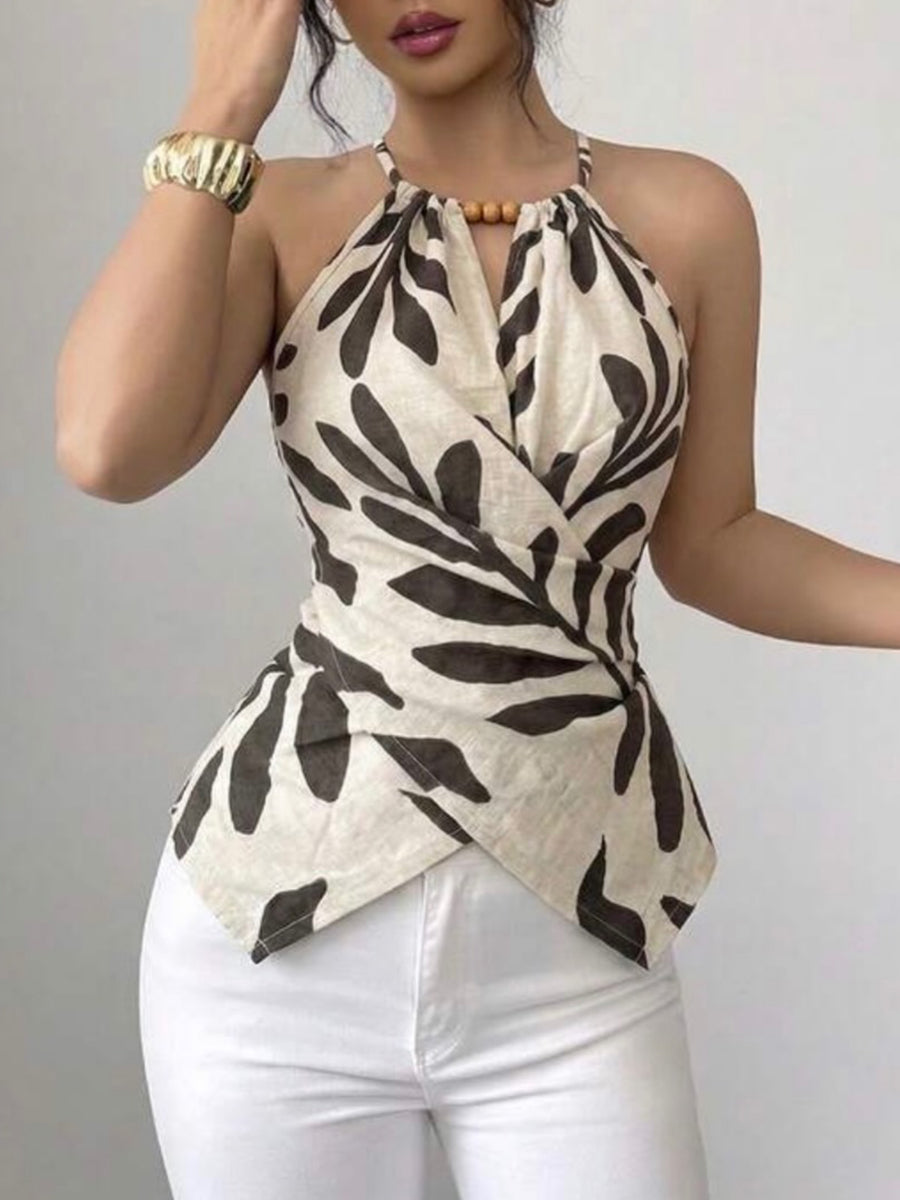 Printed Sleeveless Wrap-style Linen And Cotton Top