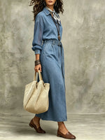Women's Sheer Sleeve Slit Denim Maxi Dress