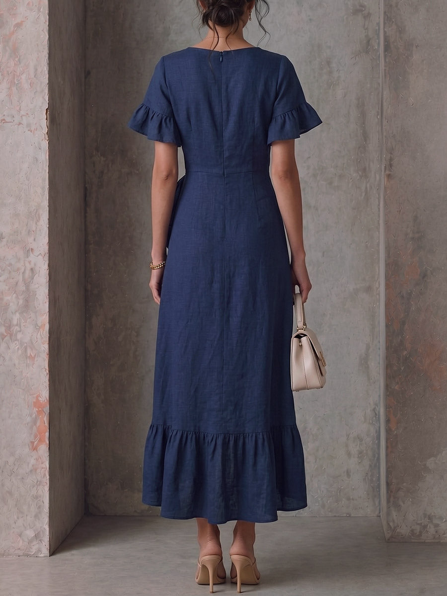 Women's Solid Color V-neck Short-sleeve Casual Loose Cotton-linen Ruffle Dress