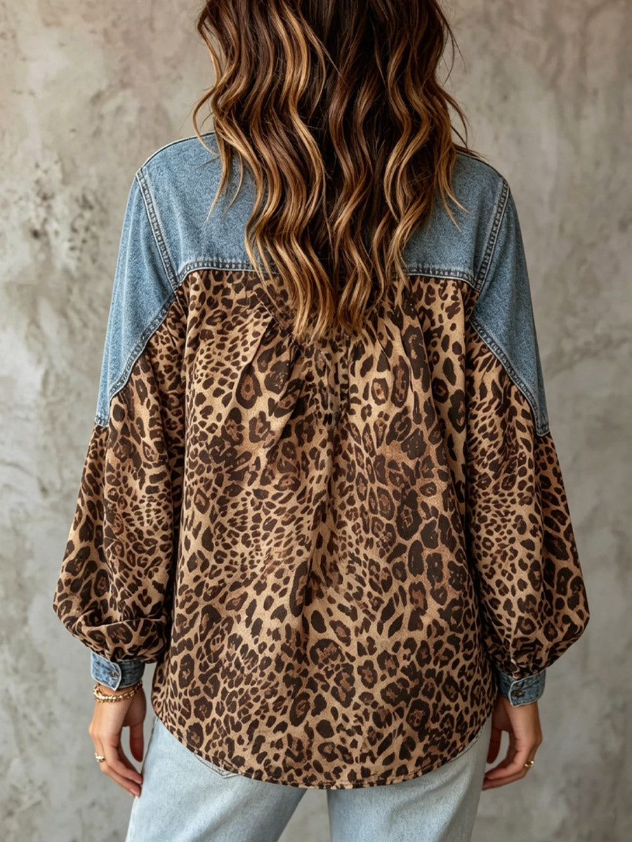 Women's Leopard Print Art Casual Stylish Lapel Denim Patchwork Shirt