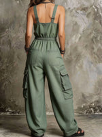 Womens Drawstring Waist Cargo Pocket Denim Overalls Jumpsuit