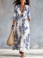 Romantic Ruffled Floral Cotton-linen Dress