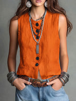 Women's Solid Color Crew Neck Sleeveless Loose-fit Cotton-linen Cardigan Top