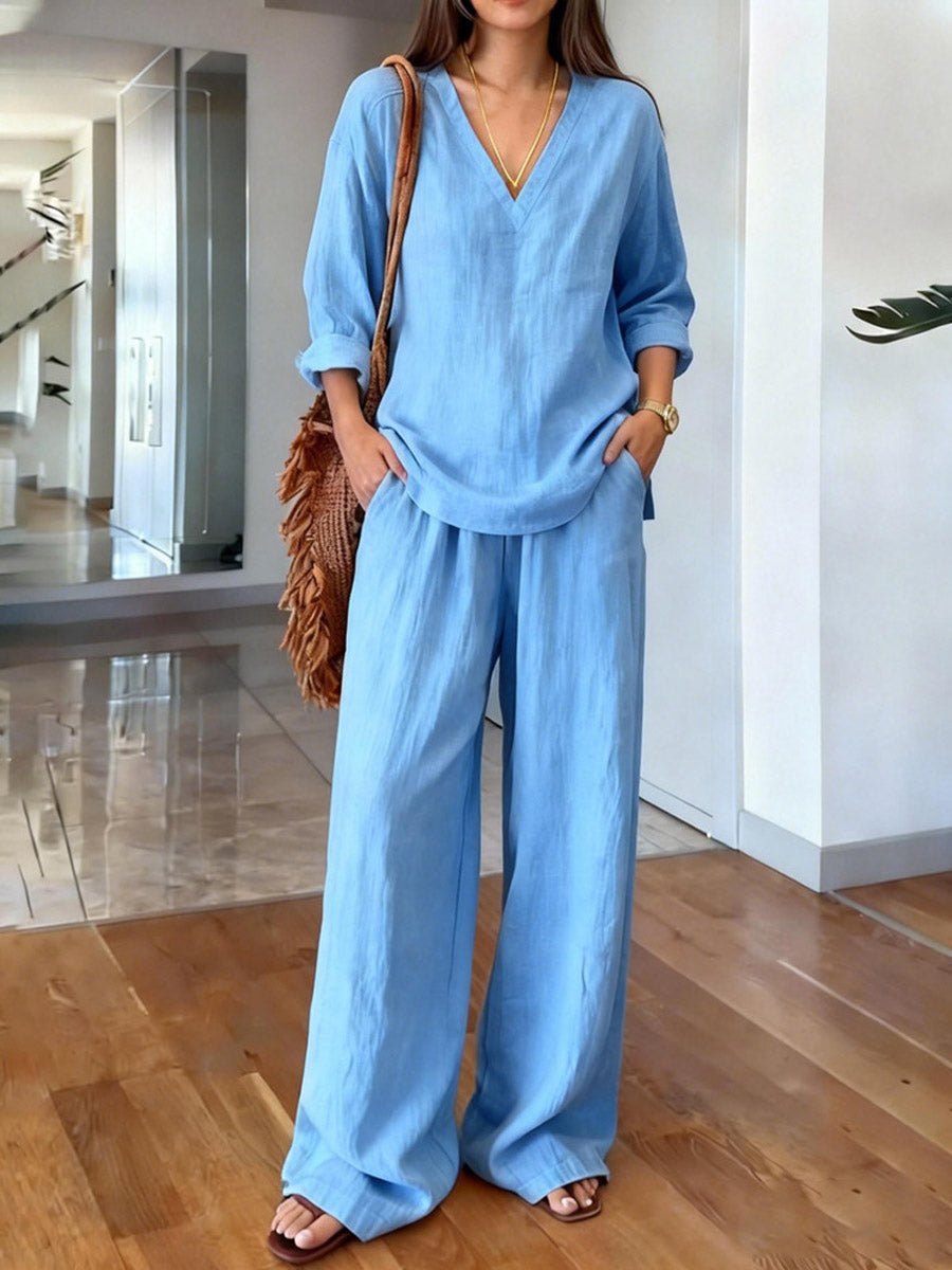 Women's Solid Color Art Comfortable Casual Top And Pants Cotton Two-piece Set