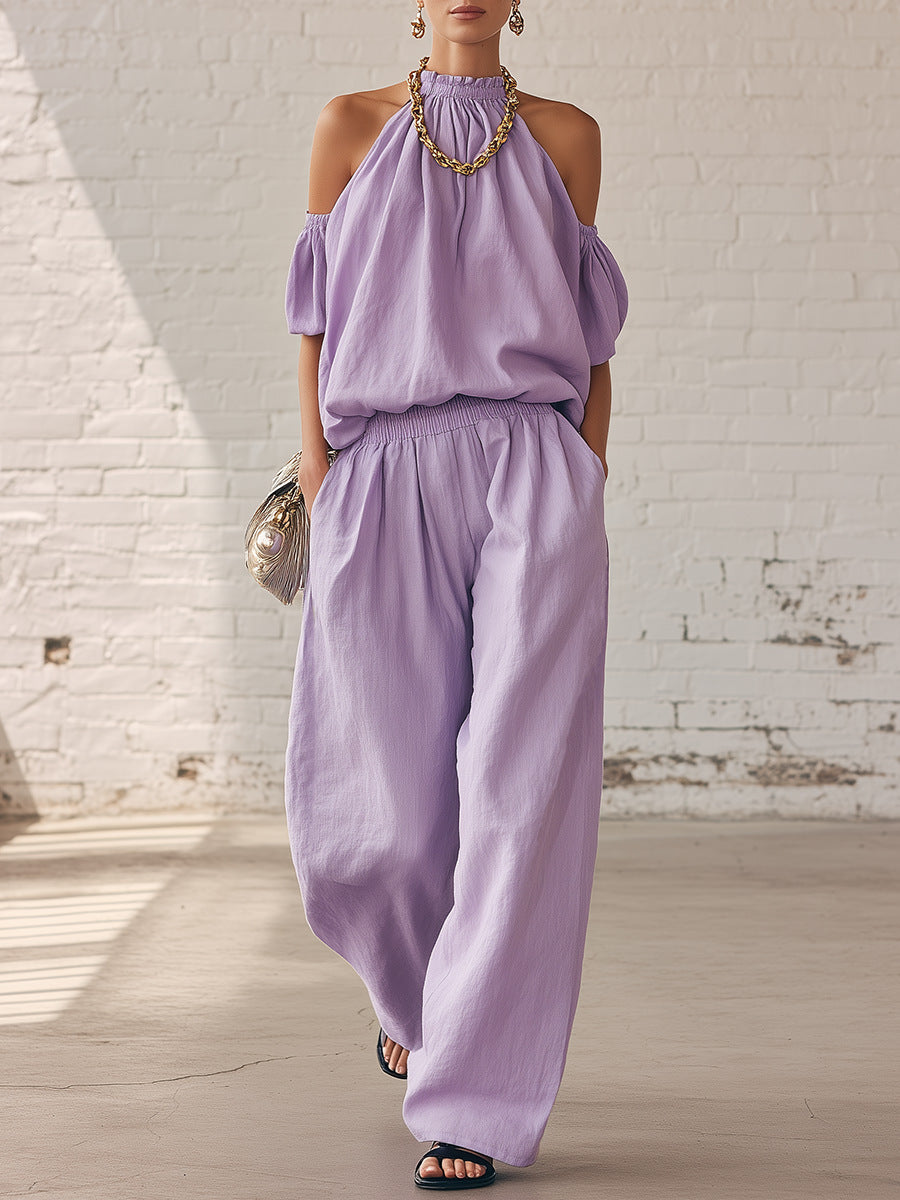 Women's Off-shoulder Halter Art Comfortable Casual Top And High-waisted Wide-leg Pants Cotton Linen Two-piece Set