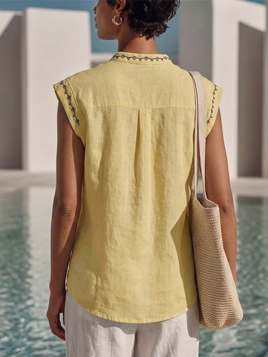 Cotton-linen Sleeveless Top With A Round Neck, Geometric Embroidery, Extended Shoulders, And A Full-button Front