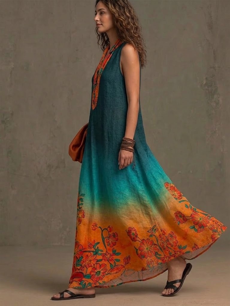 Bohemian Floral Print Sleeveless Linen And Cotton Maxi Dress