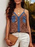 Women's Leopard Print V-neck Sleeveless Casual Loose Denim-paneled Top
