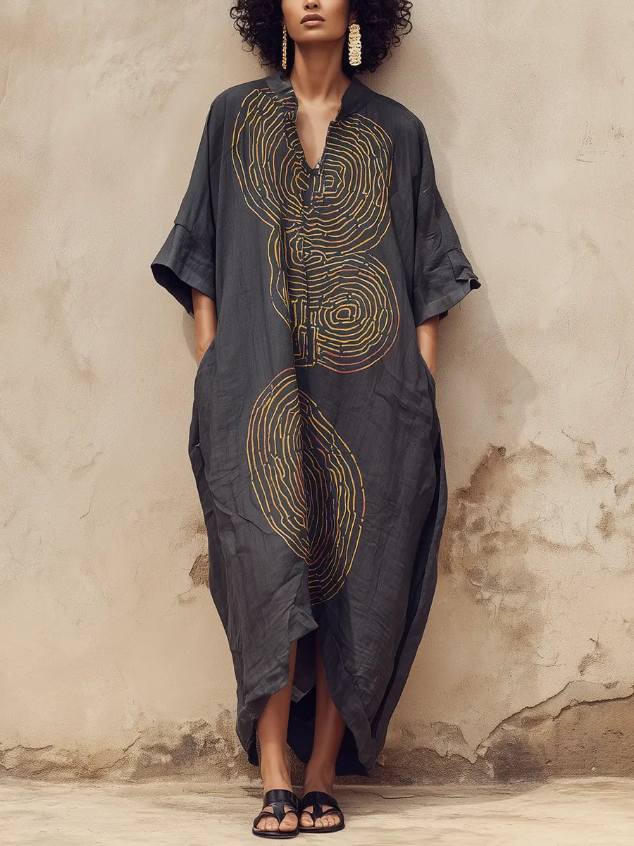 Vintage Abstract Print Draped Linen Maxi Kaftan