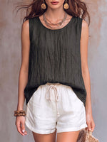 Women's Solid Color Crew Neck Sleeveless Casual Loose Cotton-linen Top