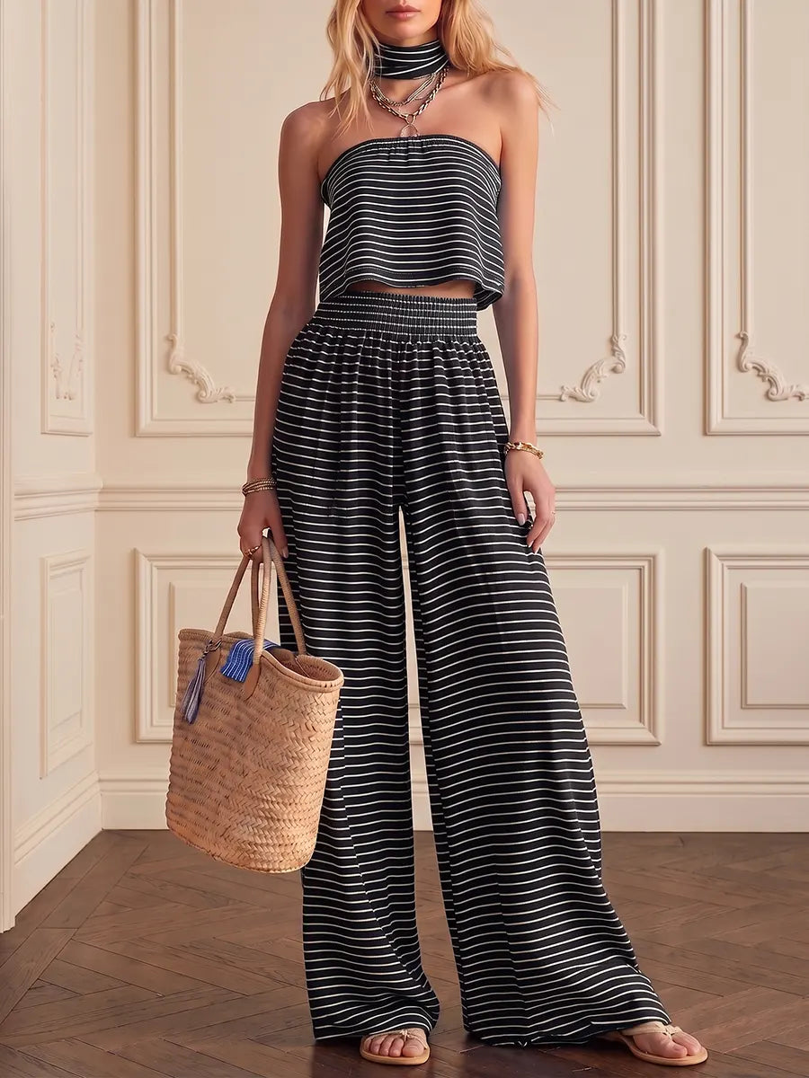 Effortless Striped Crop Top & Wide-leg Trouser Set(includes Neck Gaiter)