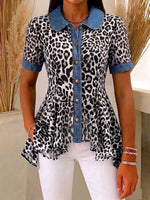 Women's Leopard Print Peter Pan Collar Short-sleeve Casual Loose Denim Cardigan With Chiffon Panels