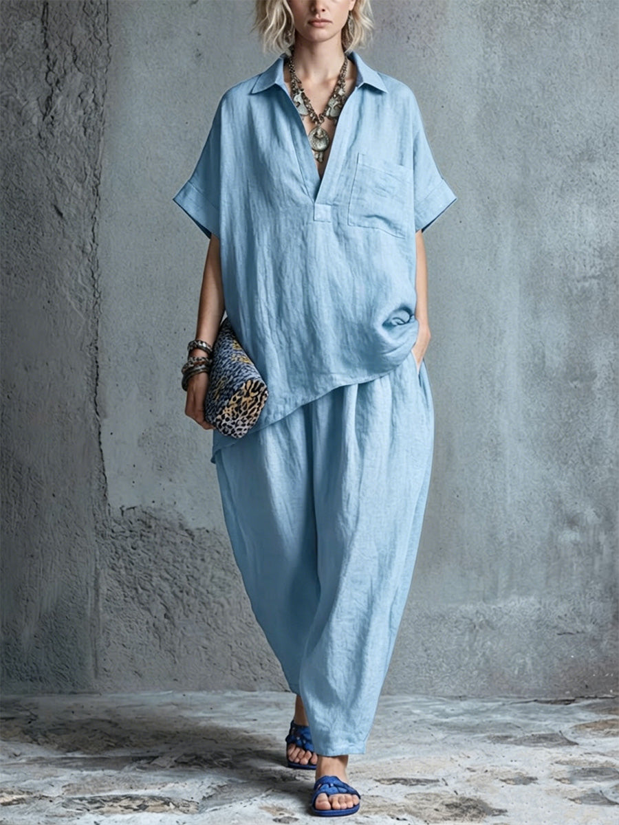 Two-piece Set: Collared, Half-placket, Batwing-sleeve Cotton-linen Shirt + Loose-fit Harem Pants With An Elastic Waist.