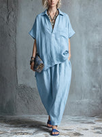 Two-piece Set: Collared, Half-placket, Batwing-sleeve Cotton-linen Shirt + Loose-fit Harem Pants With An Elastic Waist.