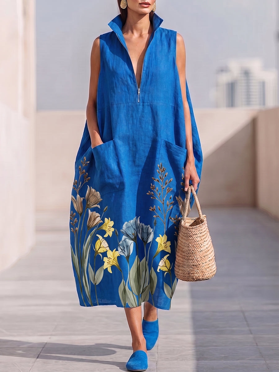 Artfully Tailored Floral Print Cotton-linen Dress
