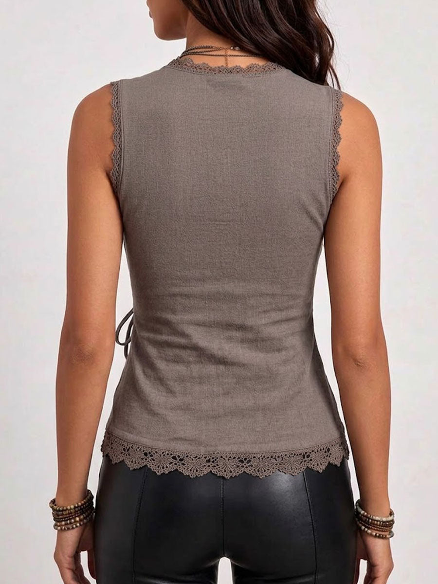 Women's Solid Color V-neck Sleeveless Casual Loose Lace-trimmed Cotton-linen Top With Tie Detail