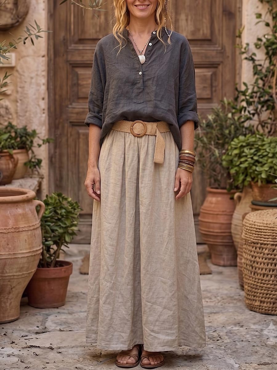 Women's Cotton-linen Set: Solid-color Stand-collar Long-sleeve Loose Casual Top & High-waisted A-line Skirt