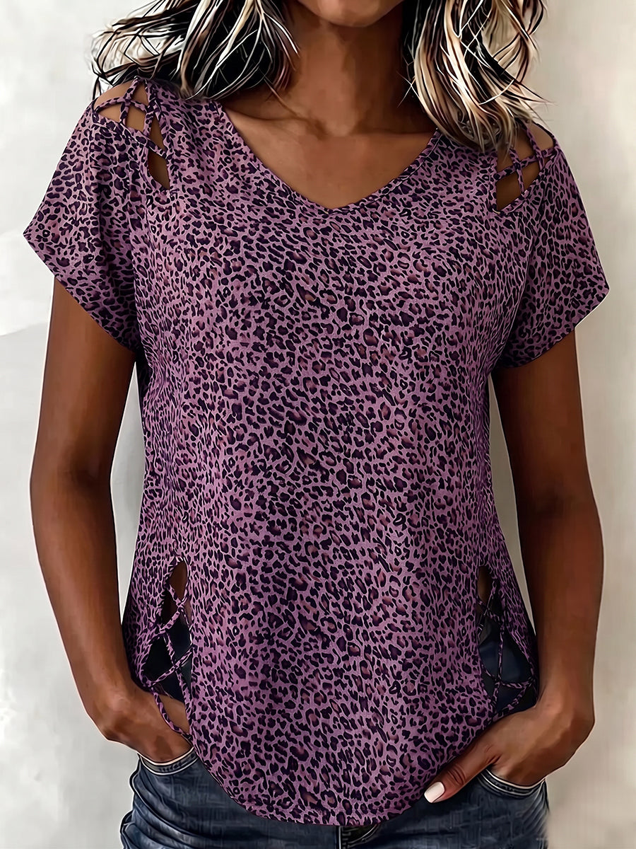 Relaxed Casual Leopard-print Cut-out Cotton Top
