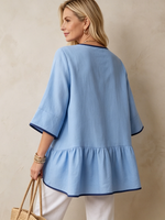 Sky Blue Tunic Top With Dark Blue Trim And Ruffled Hem
