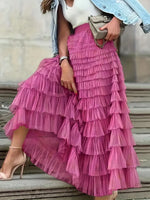 Women's Solid-color Elastic-waist A-line Tiered Mesh Skirt