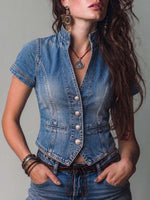 Women's Stand-collar Short-sleeve Loose-fit Casual Denim Top