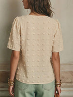 Short-sleeve Casual V-neck Swiss Dot Blouse With Lace Trim