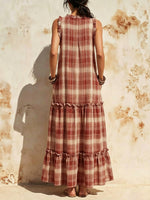 Women's Plaid Pattern Art Ruffled Casual Stylish Cotton Linen Maxi Dress