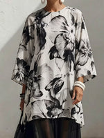 Women's Floral Art Print Casual Patchwork Stylish 3/4 Sleeve Maxi Dress