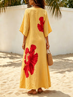 Women's Floral Pattern Art Print Stylish Casual Short Sleeve Cotton Linen Long Dress