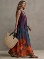 Bohemian Floral Print Sleeveless Linen And Cotton Maxi Dress
