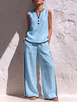 Women's Solid Color V-Neck Sleeveless Casual Loose Cotton-Linen Top and High-Waisted Wide-Leg Pants Set