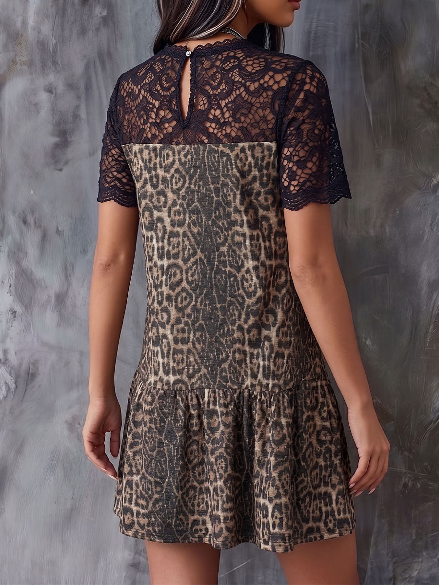 Vintage Art Comfortable Fabrics Hollowed Out Lace Patchwork LeopardDress