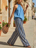 Women's Art Comfortable Casual Top And Striped Pants Cotton Linen Two-piece Set