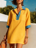 Women's Color Block Stylish Art Casual Lapel Cotton Linen Short Dress
